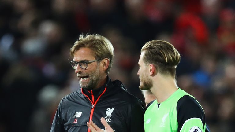 LIVERPOOL, ENGLAND - OCTOBER 17:  Jurgen Klopp, Manager of Liverpool talks with Loris Karius of Liverpool after the Premier League match between Liverpool 