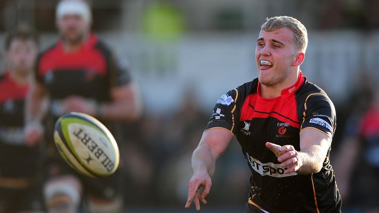 NEWPORT, WALES - FEBRUARY 08:  Luc Jones of the Dragons releases a pass during the LV= Cup match between Newport Gwent Dragons and London Welsh at Rodney P