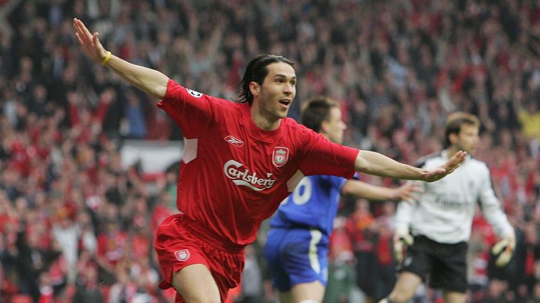 LIVERPOOL, ENGLAND - MAY 03: Luis Garcia of Liverpool celebrates scoring the opening goal during the UEFA Champions League semi-final second leg match betw