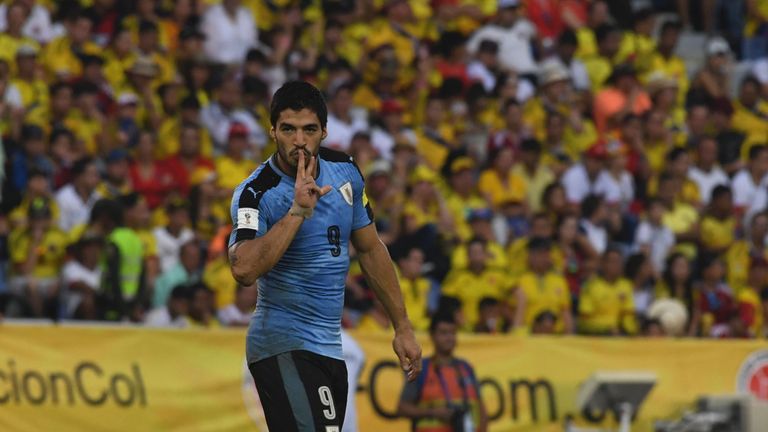 Luis Suarez celebrates his goal for Uruguay against Colombia