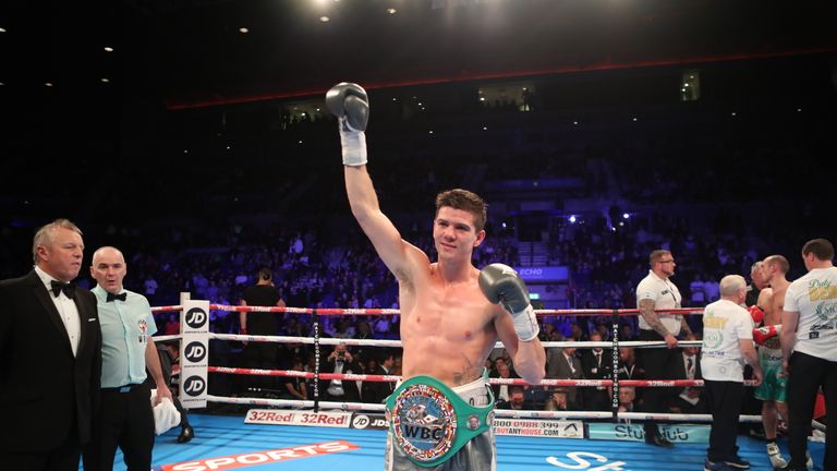 Luke Campbell celebrates victory over Derry Mathews for the WBC Silver Lightweight Championship at the Echo Arena, Liverpool.