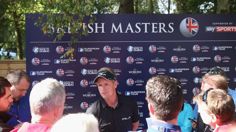 WOBURN, ENGLAND - OCTOBER 08:  Luke Donald of England talks to the media following his first round of the British Masters supported by Sky Sports at Woburn