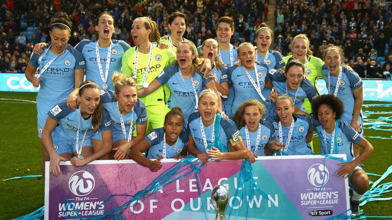  The Manchester City team celebrate after winning the Women's Super League1 