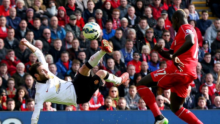 Juan Mata scores an acrobatic goal against Liverpool at Anfield