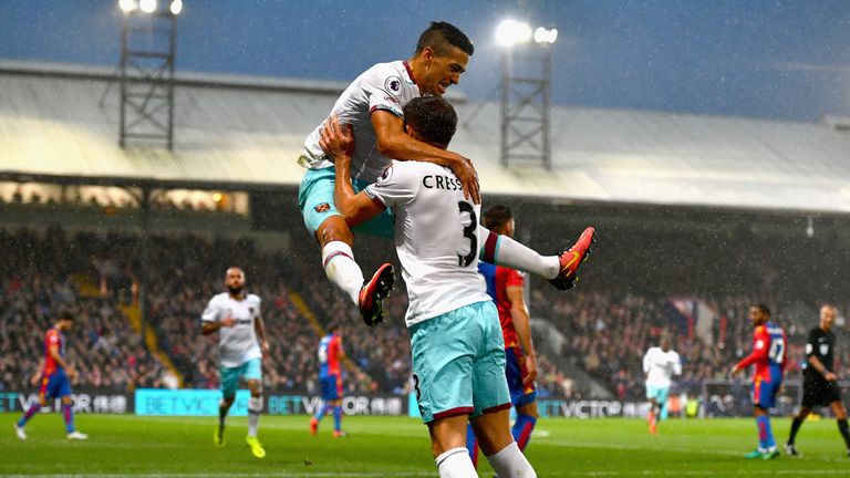 Manuel Lanzini celebrates scoring the opening goal with Aaron Cresswell