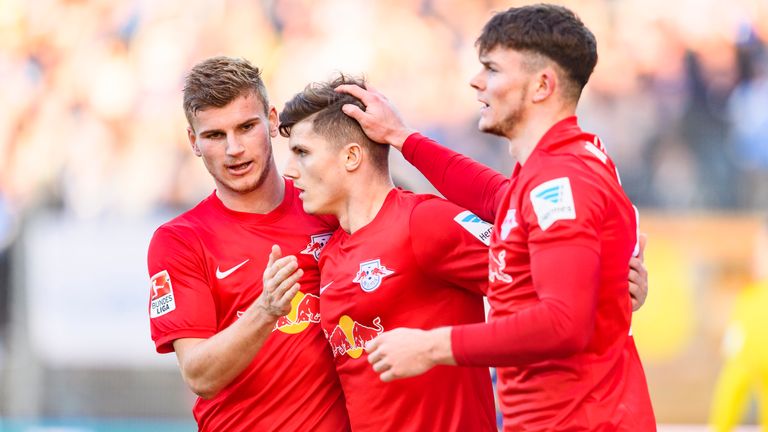 Marcel Sabitzer (C) of Leipzig celebrates the second goal for Leipzig
