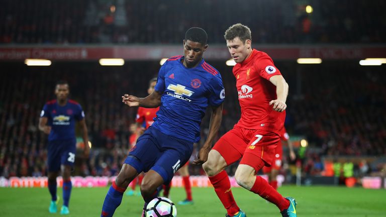Marcus Rashford of Manchester United is closed down by Liverpool's James Milner