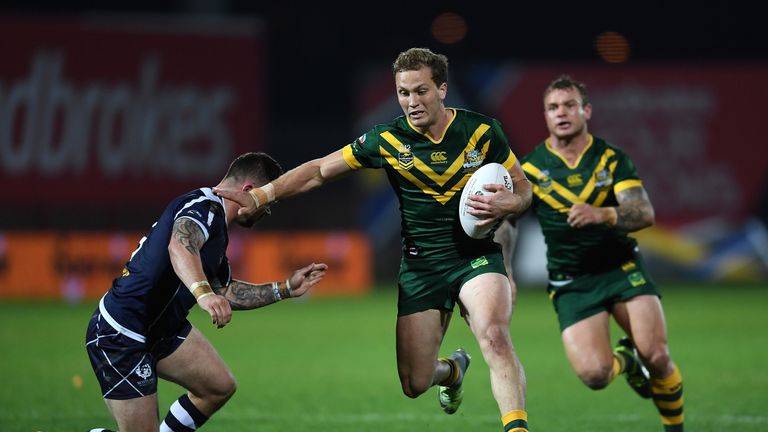 Matt Moylan of Australia in action during the Four Nations match between the Australian Kangaroos and Scotland 