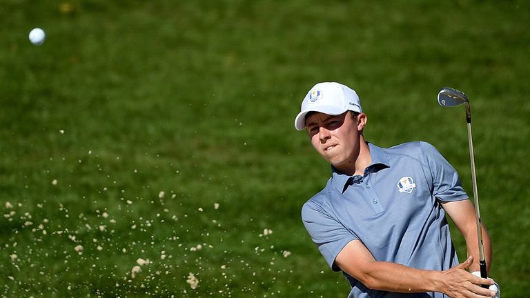 CHASKA, MN - OCTOBER 02: Matt Fitzpatrick of Europe hits out of a bunker on the first hole during singles matches of the 2016 Ryder Cup at Hazeltine Nation