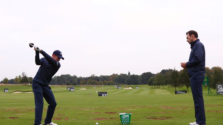 WATFORD, ENGLAND - OCTOBER 14:  (L-R) Matthew Fitzpatrick of England and Nick Dougherty of Sky demonstrate driving in the Hero Masterclass following the se