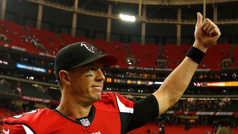 ATLANTA, GA - OCTOBER 02:  Matt Ryan #2 of the Atlanta Falcons reacts after their 48-33 over the Carolina Panthers at Georgia Dome on October 2, 2016 in At