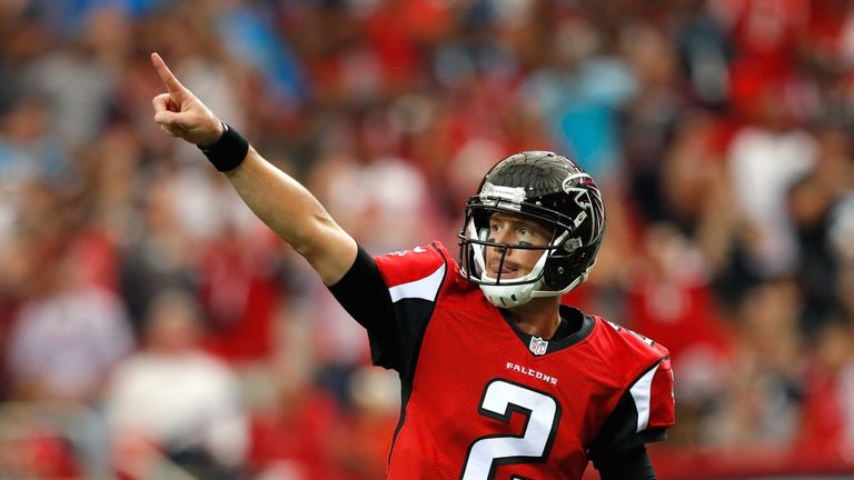 ATLANTA, GA - OCTOBER 02:  Matt Ryan #2 of the Atlanta Falcons reacts after passing for a touchdown to Aldrick Robinson #19 against the Carolina Panthers a