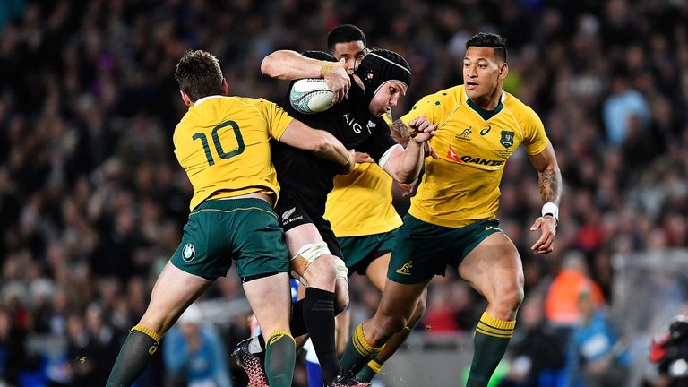 Matt Todd of the All Blacks charges forward during the Bledisloe Cup Rugby Championship match between New Zealand and Australia