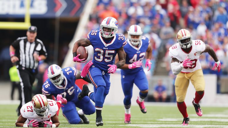 BUFFALO, NY - OCTOBER 16:   Mike Gillislee #35 of the Buffalo Bills runs for a touchdown against the San Francisco 49ers  during the second half at New Era
