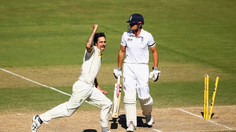 ADELAIDE, AUSTRALIA - DECEMBER 06:  Mitchell Johnson of Australia celebrates after he took the wicket of Alastair Cook of England during day two of the Sec