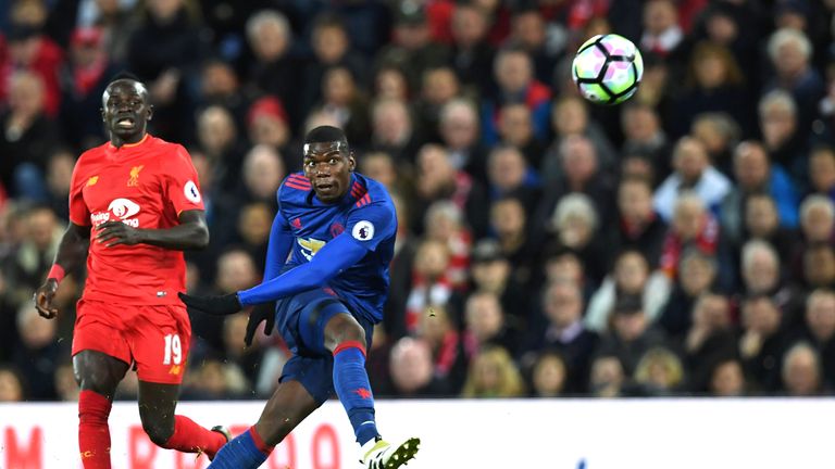 Paul Pogba takes a shot which goes wide of the Liverpool goal