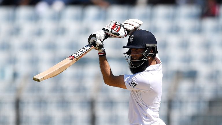 Moeen Ali bats during the first Test match between Bangladesh and England at Zohur Ahmed Chowdhury Stadium