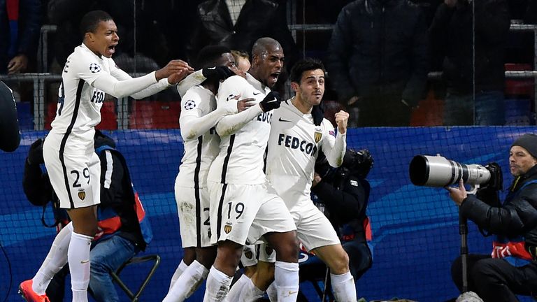 Monaco's players celebrate a goal during the UEFA Champions League football match between PFC CSKA Moscow and AS Monaco FC at the CSKA Arena in Moscow on O