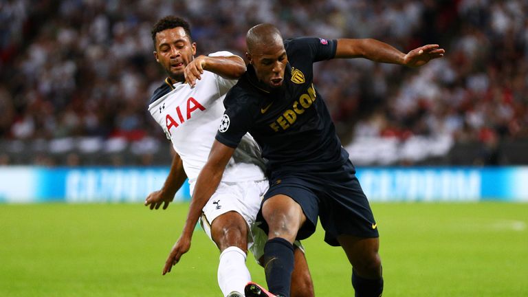 LONDON, ENGLAND - SEPTEMBER 14:  Djibril Sidibe of AS Monaco is challenged by Mousa Dembele of Tottenham Hotspur during the UEFA Champions League match bet