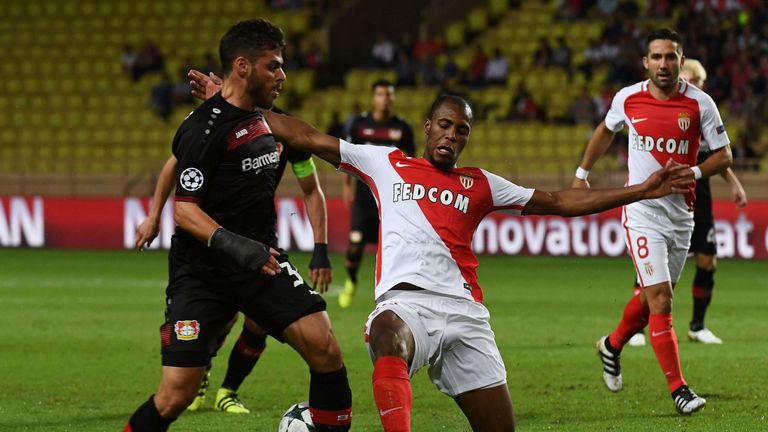 Monaco's French defender Djibril Sidibe (C) vies with Leverkusen's midfielder Karim Bellarabi during the UEFA Champions League football match AS Monaco vs 