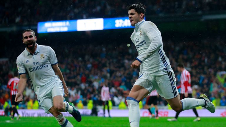MADRID, SPAIN - OCTOBER 23: Alvaro Morata of Real Madrid CF celebrates scoring their second goal during the La Liga match between Real Madrid CF and Athlet