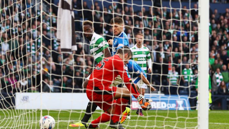 Moussa Dembele of Celtic scores his sides first goal during the Betfred Cup semi-final against Rangers