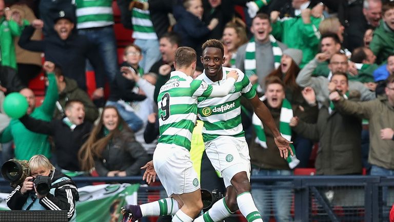 Moussa Dembele of Celtic celebrates his side's first goal during the Betfred Cup semi-final against Rangers