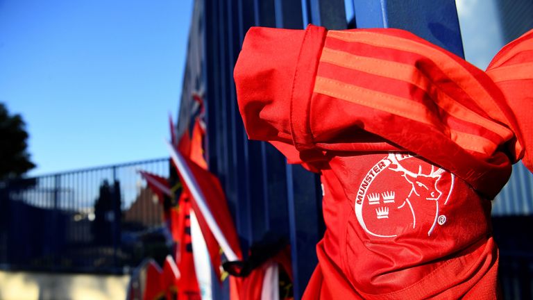 A Munster jersey hangs on the gate of the Yves du Manoir stadium in tribute to late head coach Anthony Foley