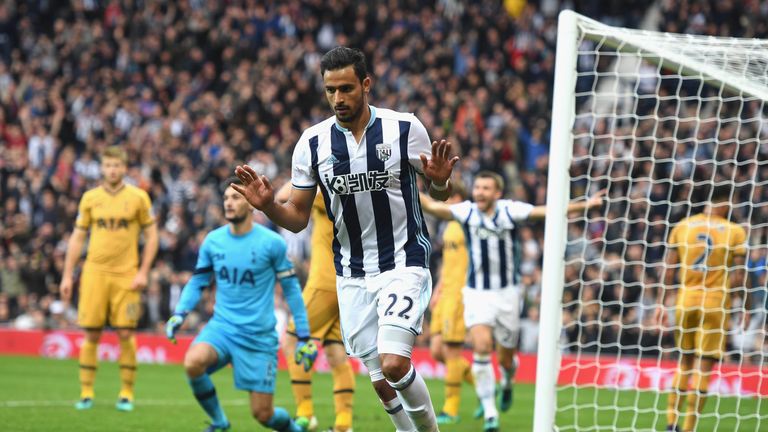  Nacer Chadli of West Bromwich Albion celebrates scoring his sides first goal during the Premier League match between W