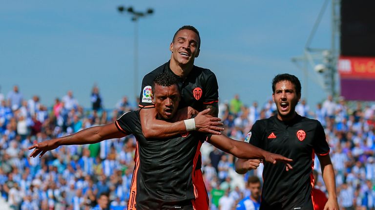 LEGATES, SPAIN - SEPTEMBER 25: Luis Carlos Almeida alias Nani (L) of Valencia CF celebrates scoring their opening goal during the La Liga match between CD 