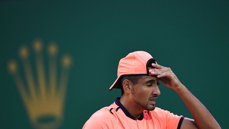 Nick Kyrgios of Australia reacts to his serve against Mischa Zverev of Germany at Shanghai Masters