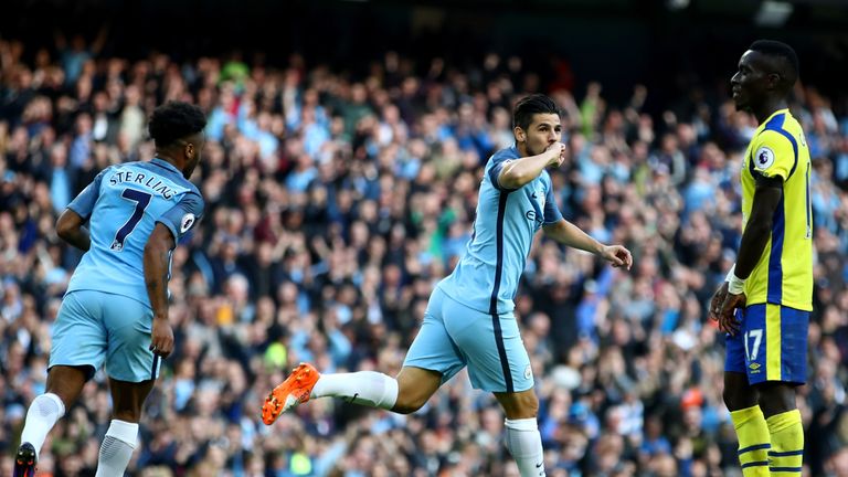 Man City's Nolito celebrates after scoring against Crystal Palace
