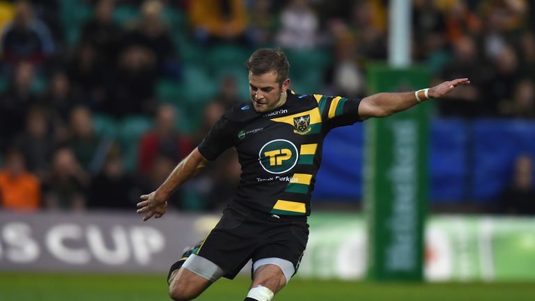 Stephen Myler of Northampton Saints takes a penalty kick during the Champions Cup match between Northampton and Montpellier at Franklin's Gardens