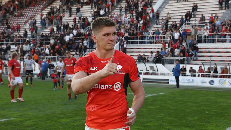 TOULON, FRANCE - OCTOBER 15:  Owen Farrell of Saracens celebrates after their victory during the European Rugby Champions Cup match between RC Toulon and S