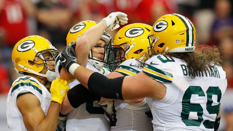ATLANTA, GA - OCTOBER 30:  Jordy Nelson #87 of the Green Bay Packers celebrates his touchdown reception against the Atlanta Falcons with Trevor Davis #11, 