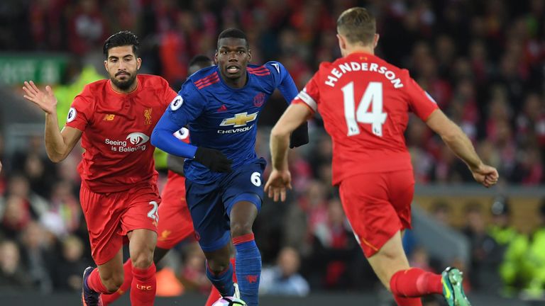 Manchester United midfielder Paul Pogba  vies with Jordan Henderson and Emre Can