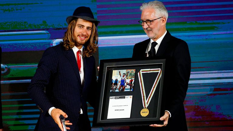 Peter Sagan and Brian Cookson at the UCI Gala at the 2016 Abu Dhabi Tour