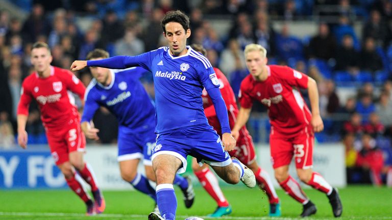 Cardiff City's Peter Whittingham scores his side's first goal of the game during the Sky Bet Championship match at The Cardiff City Stadium.