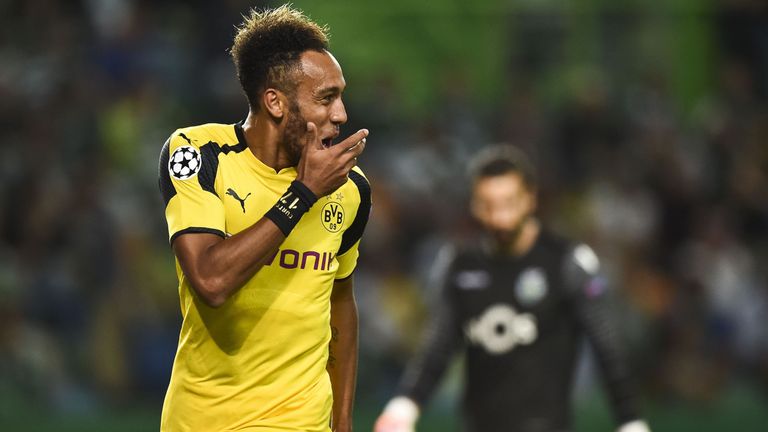Dortmund striker Pierre-Emerick Aubameyang celebrates after scoring in the Champions League