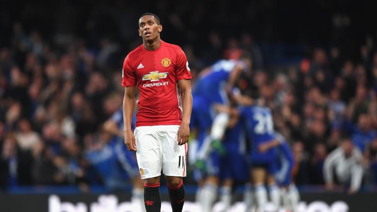 Anthony Martial cuts a dejected figure as Chelsea celebrate their fourth goal