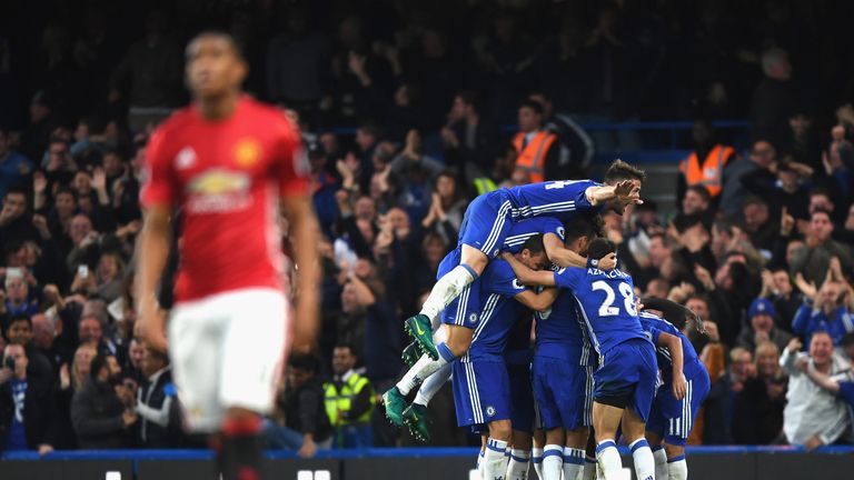Chelsea players celebrate after going 4-0 up against Manchester United