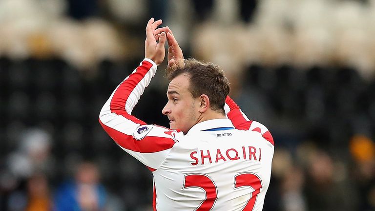 HULL, ENGLAND - OCTOBER 22:  Xherdan Shaqiri of Stoke City applauds suppoters after the Premier League match between Hull City and Stoke City at the KCom S