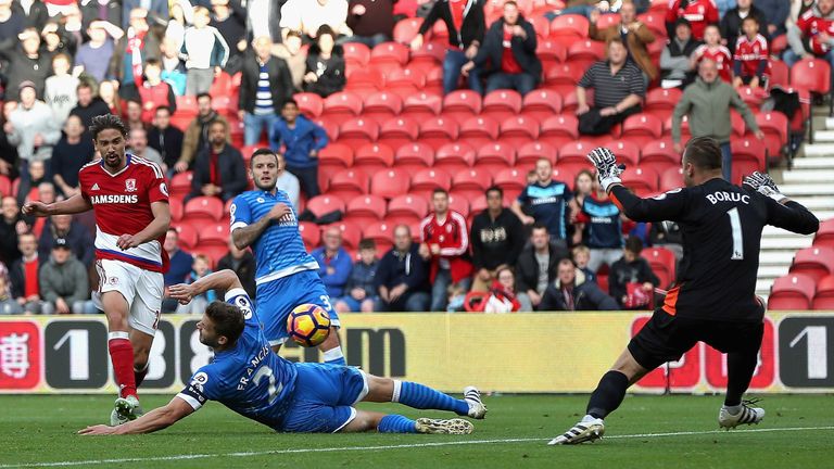 MIDDLESBROUGH, ENGLAND - OCTOBER 29:  Gaston Ramirez (1st L) of Middlesbrough scores the opening goal during the Premier League match between Middlesbrough