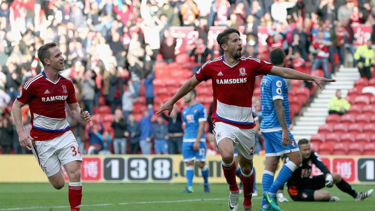 MIDDLESBROUGH, ENGLAND - OCTOBER 29:  Gaston Ramirez (2nd L) of Middlesbrough celebrates scoring the opening goal during the Premier League match between M