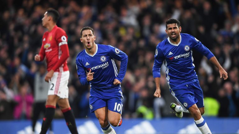 Eden Hazard celebrates his goal with team-mate Diego Costa