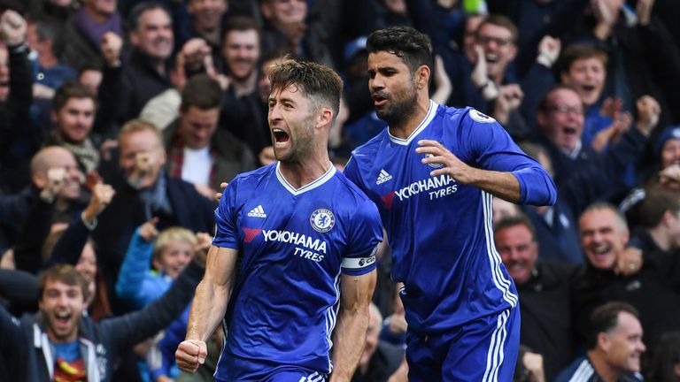 Gary Cahill celebrates his goal with team-mate Diego Costa
