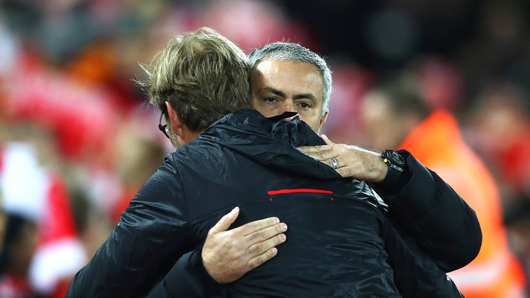 Jose Mourinho is greeted by Jurgen Klopp before the match at Anfield