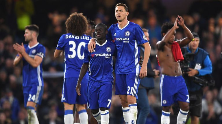 N'Golo Kante and Nemanja Matic celebrate the 4-0 victory over Manchester United