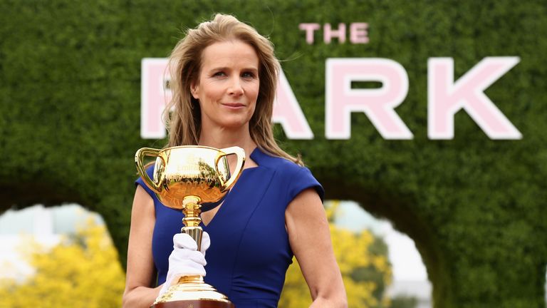 Rachel Griffiths actor and film maker poses for photos with the Melbourne Cup during the Melbourne Cup Carnival Launch 