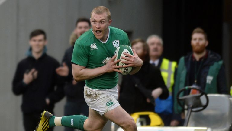 Ireland's wing Keith Earls runs in their second try during the Six Nations international rugby union match between Ireland and Scotland at the Aviva Stadiu